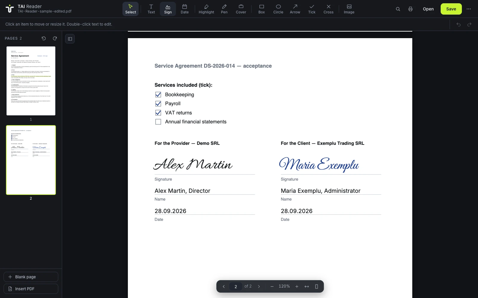 TAI Reader with a sample contract open: the acceptance page with three services ticked, two signatures, names and dates, with the tool bar above